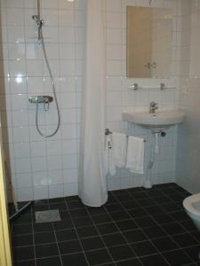 a bathroom with a shower and a sink with a shower curtain at Hoby Gård in Borrby