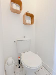 a bathroom with a toilet and two wooden shelves at Appart Hypercentre - Le Clemenceau in Bordeaux