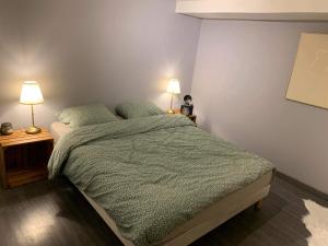 - une chambre avec un grand lit et deux lampes dans l'établissement Rocroi: Gîte de Bourgogne, à Rocroi