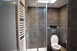 a bathroom with a toilet and a glass shower at Bosserheide in Well