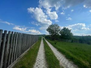 a dirt road next to a fence at Domy na Roztoczu Aleja Lipowa - dom H in Zwierzyniec