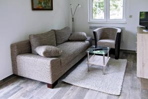ein Wohnzimmer mit einem Sofa und einem Tisch in der Unterkunft Adams Schwedenhaus in Dechow