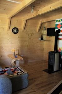 a room with a woodburning stove in a cabin at Log - cabin HOPE in Žabljak +12 photos