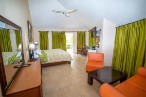 ein Hotelzimmer mit einem Bett und einem Stuhl in der Unterkunft Jarabacoa River Club & Resort in Jarabacoa
