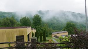 ein Haus mit Zaun vor einem Berg in der Unterkunft West Wood ApartHotel in Knyagynya