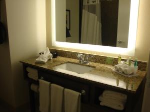 een badkamer met een wastafel met een spiegel en handdoeken bij Holiday Inn Express Pocatello, an IHG Hotel in Pocatello