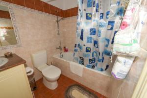 uma casa de banho com um WC e uma cortina de chuveiro em The Valley Beyond em Paralimni