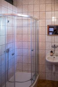 a bathroom with a shower and a sink at 2- posteľová izba s kúpeľňou a kuchynkou RIŠKO v PENZION TRSTENÁ in Trstená