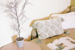 a table with a potted tree on top of it at Althaia Hotel in Thermo