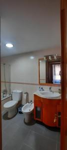 a bathroom with a toilet and a sink and a mirror at Apartamento Peonia 2 in Canet de Berenguer +17 photos