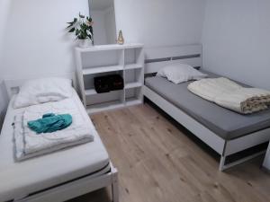 Habitación con 2 camas, paredes blancas y suelo de madera. en Hostel Bad Salzig, en Boppard