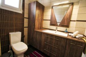 a bathroom with a toilet and a sink and a mirror at Fotis Resort in Iraklitsa +18 photos