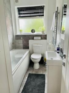 a bathroom with a toilet and a tub and a sink at Spacious and Bright 2 Bedroom Apartment, Sleeps 6, 1st Floor with Free Parking, Business and Leisure by Jesswood Properties in Hinckley