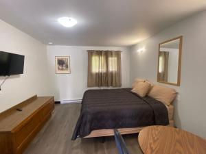 a bedroom with a bed and a flat screen tv at Mountain View Motel in Smithers