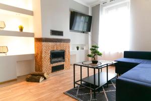 a living room with a couch and a fireplace at Apartament Kominek in Giżycko