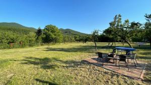 a picnic table and bench in the middle of a field at Dombtető Vendégház in Sátoraljaújhely