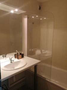 un bagno con lavandino, doccia e specchio di Agréable duplex équipé au Domaine d'Albret a Barbaste