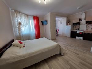 a bedroom with a large bed and a kitchen at Квартира-студія центр Огієнка 2а in Lutsk
