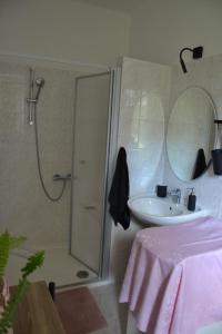 a bathroom with a shower and a sink and a shower at Apartmán pod Kosířem in Lutín