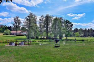 a park with a pond and a grill in the grass at Cisza & Spokój - Jeziora, Lasy i Drawieński Park in Człopa