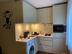 a kitchen with white cabinets and a washing machine at Studio apartment Ogre in Ogre