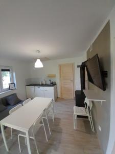 a kitchen and living room with a table and chairs at Domki u Karola Domek nr 1 in Mikołajki +5 photos