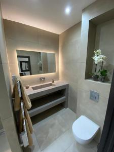 een badkamer met een wastafel, een toilet en een spiegel bij Mogador in Bonifacio