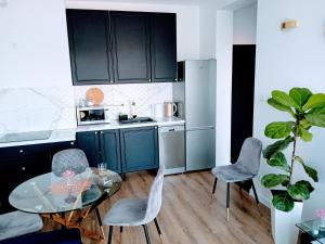 kuchnia ze szklanym stołem i krzesłami w kuchni w obiekcie Apartament z widokiem Łańcut w Łańcucie