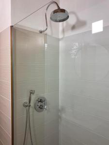 a bathroom with a shower with a glass door at LeonardosHome RockStairs in Trarego