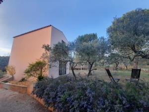 ein Gebäude mit Bäumen und einer Bank in einem Garten in der Unterkunft PantaiaHomes - Le figuier d'Estellan - Gîte 6 couchages - Piscine in Tavernes
