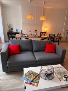 ein Wohnzimmer mit einem grauen Sofa und roten Kissen in der Unterkunft Bel appartement T3 rénové avec cour intérieure - Villa Marie in Luchon