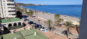 vista su una spiaggia con palme e su un edificio di TURISSTIKO Playa Carvajal a Fuengirola