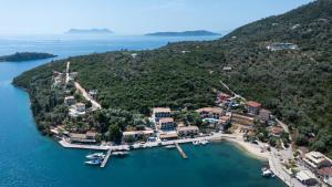 an aerial view of a small island in the water at Villas Amantea- four villas with big pool and infinity pool in Sivota