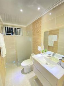 a bathroom with a toilet and a sink and a shower at Apartamento Pareche in Mata Chalupe
