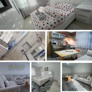 un collage de photos d'une chambre et d'un salon dans l'établissement ROMANCE Apartments, à Tirana