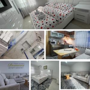 Un collage de fotos de un dormitorio y una sala de estar. en ROMANCE Apartments, en Tirana