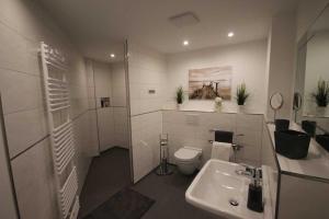a white bathroom with a toilet and a sink at Villa Meeresrauschen, Ostseeperle in Pelzerhaken