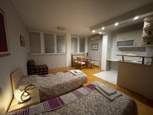 a small room with two beds and a kitchen at Apartment GORDANA in Ohrid