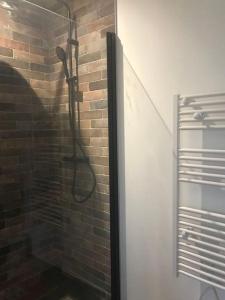 a bathroom with a shower with a brick wall at Superbe Studio meublé idéal pour couple ZEN avec SPA in Sanguinet