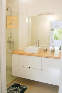 a bathroom with a sink and a mirror at Joli appartement rénové à neuf in Baie-Mahault