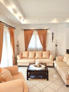 - un salon avec des canapés et une table basse dans l'établissement Anastasiou Home in central crossroad, à Perdika