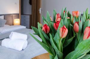 a bouquet of red tulips in a room with two beds at Karkonoskie Widoki - Jacuzzi z widokiem na Śnieżkę - pyszne śniadania i parking w cenie - pokoje z balkonami in Karpacz
