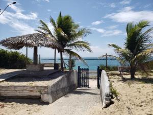 uma praia com um portão e palmeiras e o oceano em MRG Dúplex Novo Francês em Marechal Deodoro