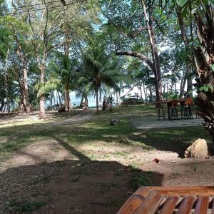 un parque con un banco, árboles y el océano en Ocean View en Puntarenas