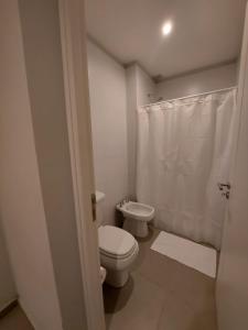 a white bathroom with a toilet and a shower at EXCEPCIONAL DEPARTAMENTO EN MAIPÚ- Ruta del vino 4 personas!! in Maipú