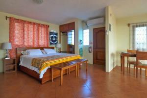 Un dormitorio con una cama y una mesa. en The Galeodan Suites, en Puerto Baquerizo Moreno