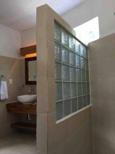 La salle de bains est pourvue d'un lavabo et d'une fenêtre en verre. dans l'établissement Encantadora Villa Maya tradicional en Rancho Agroecologico, à Tzucaceb