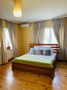 a bedroom with a large bed in a room with windows at садиба доличі in Bovkun +42 photos