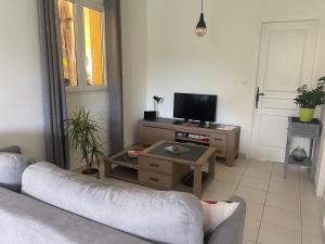 a living room with a couch and a tv at villa Peylon 2 in Flayosc