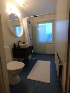 a bathroom with a toilet and a sink and a mirror at Övik Eventhotell in Örnsköldsvik